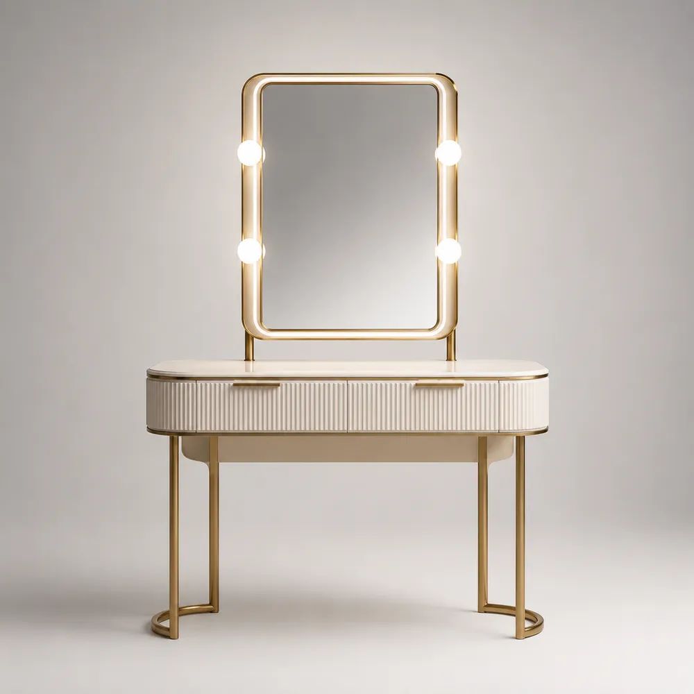 Toeletta da trucco rettangolare con specchio illuminato LED, 2 cassetti in MDF e struttura in acciaio, bianco e oro, 100 × 40 × 145 cm