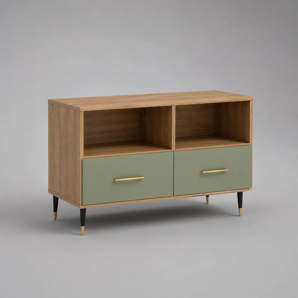 Mobile porta TV rettangolare in legno e metallo con 2 cassetti verde salvia, 120 x 40 x 80 cm