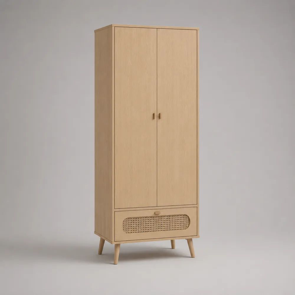 Armadio guardaroba in legno a 2 ante con cassetto e inserto in rattan, Rovere chiaro e Beige naturale, 80 × 50 × 180 cm