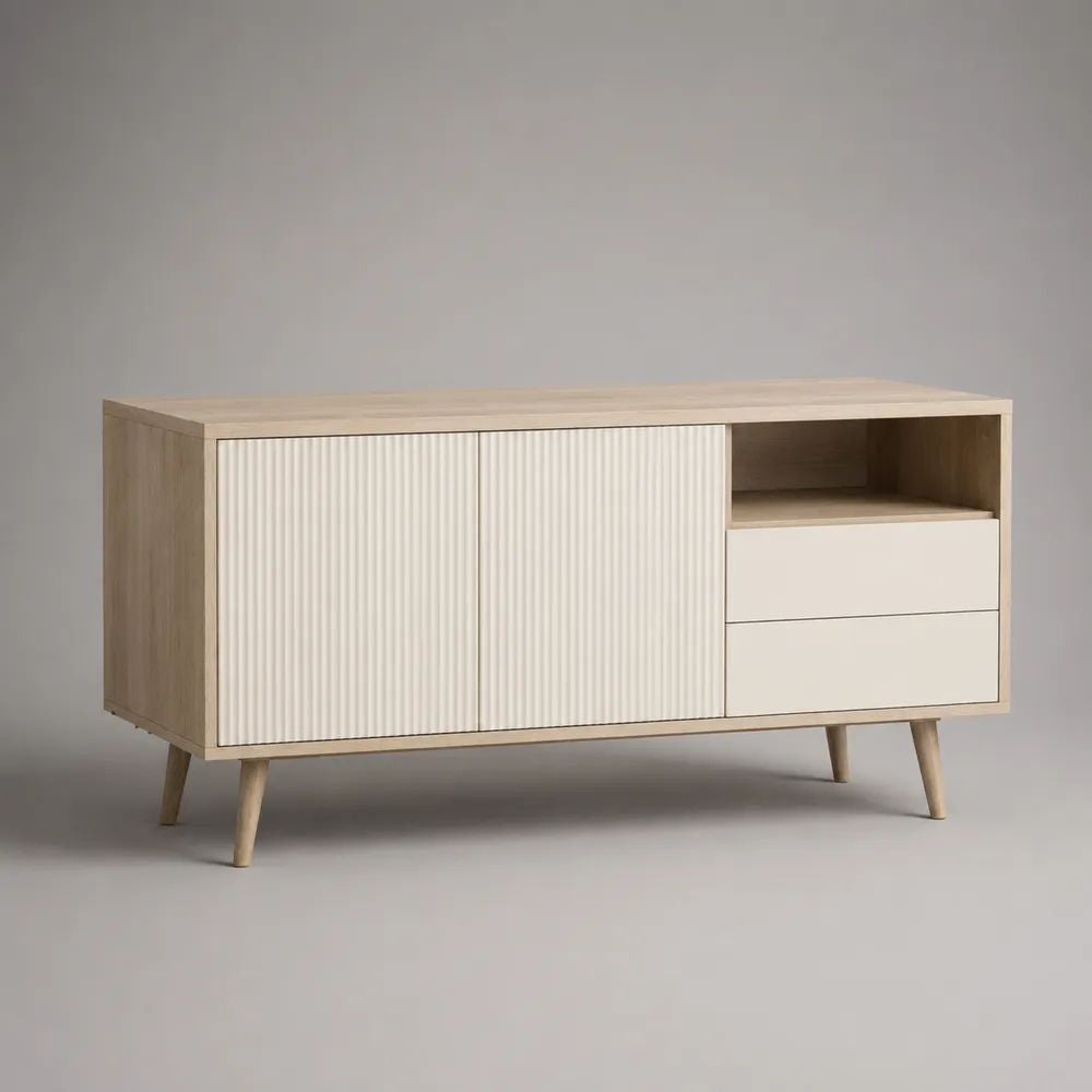 Mobile TV basso in MDF melaminico beige rovere chiaro e bianco crema con 2 ante scanalate, 2 cassetti e vano aperto, 120 × 40 × 70 cm