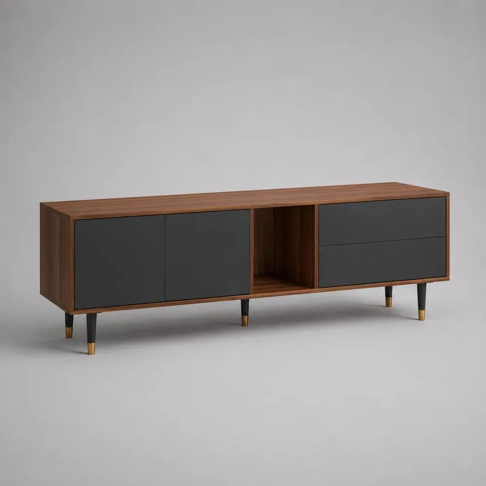 Mobile TV in legno effetto noce e antracite con 2 ante, 2 cassetti e vano aperto, 180 x 40 x 70 cm