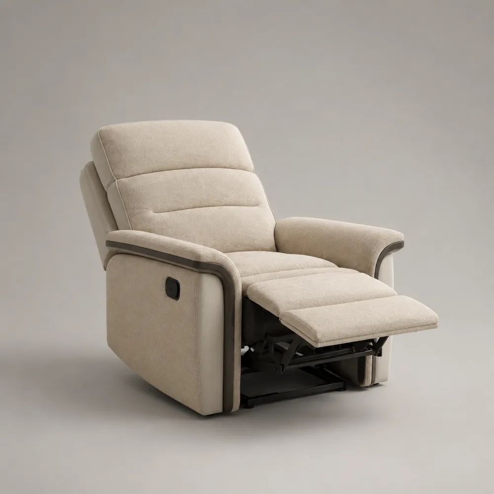 Poltrona reclinabile manuale in poliestere beige con schienale alto e poggiapiedi, 90 x 95 x 105 cm