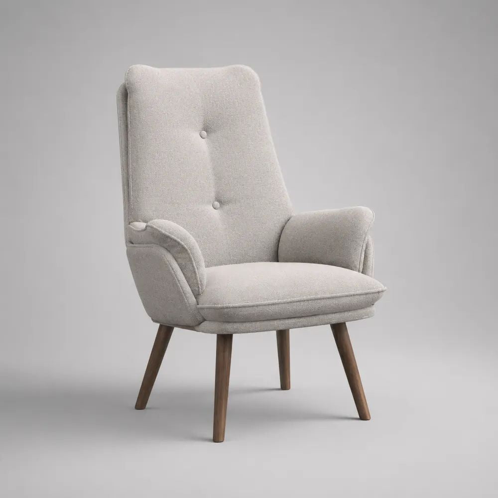Poltrona imbottita con braccioli, rivestimento in tessuto bouclé crema e gambe in legno, 72 x 78 x 100 cm
