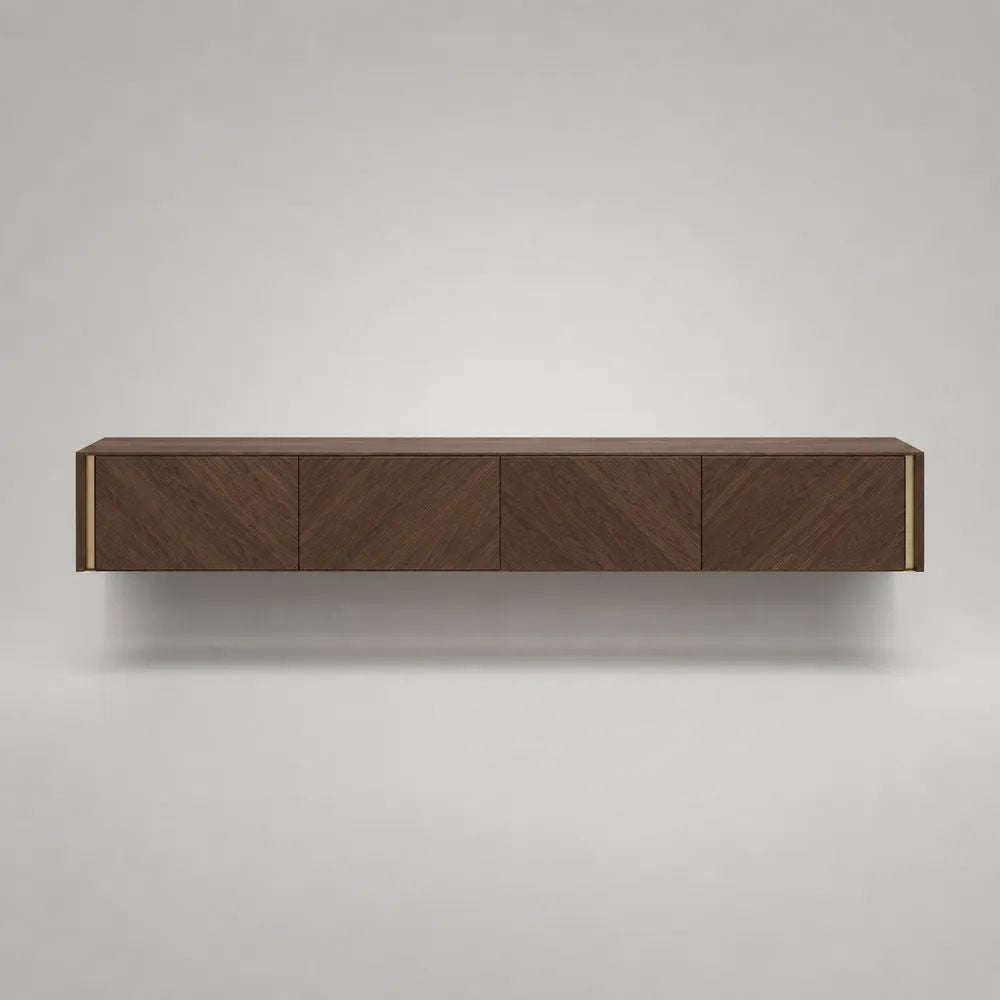 Mobile porta televisore sospeso rettangolare in MDF impiallacciato noce con 4 ante, marrone noce e oro, 200 × 40 × 40 cm