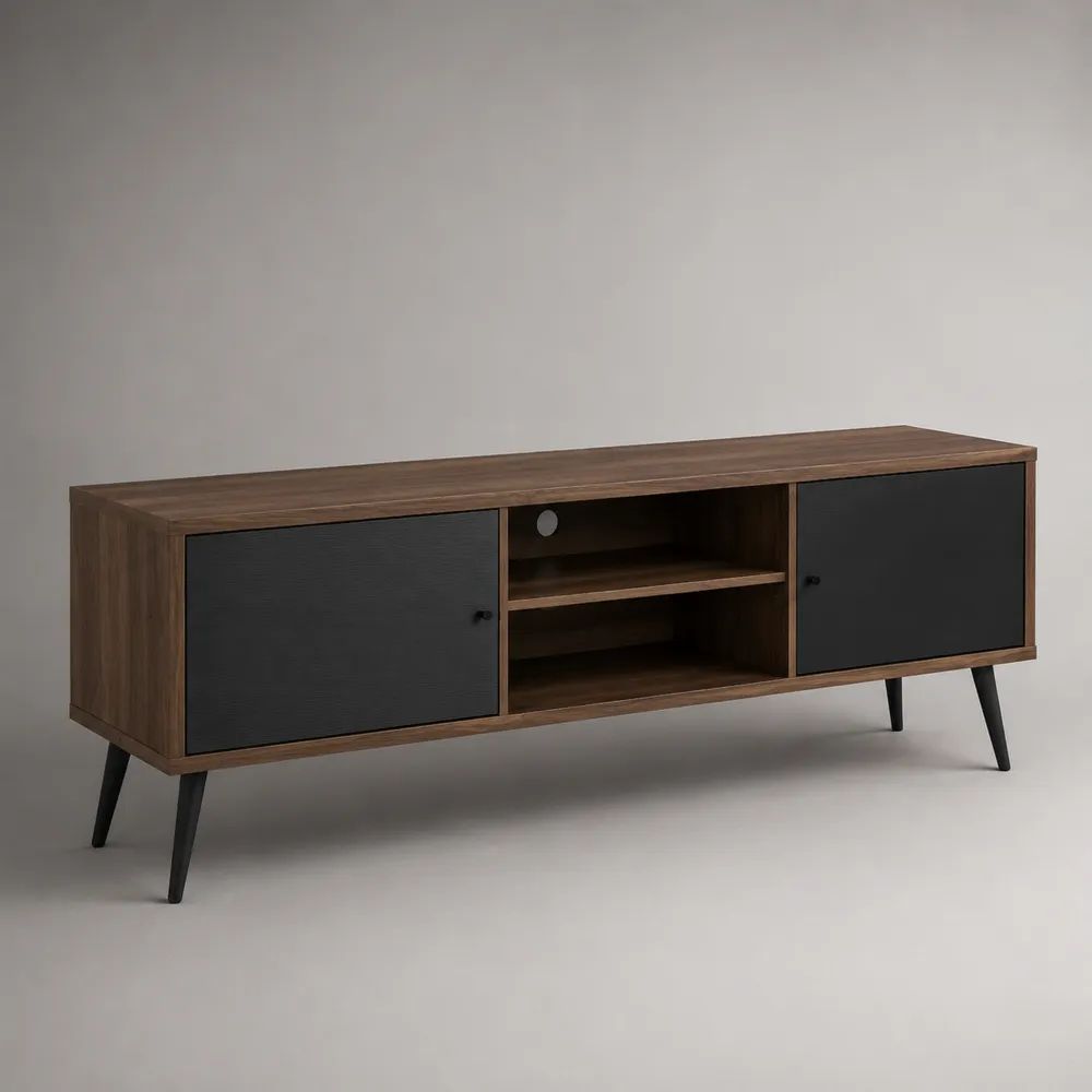 Mobile porta TV rettangolare in legno e metallo con 2 ante, 2 vani aperti e passacavi, marrone noce e nero, 150 x 40 x 60 cm