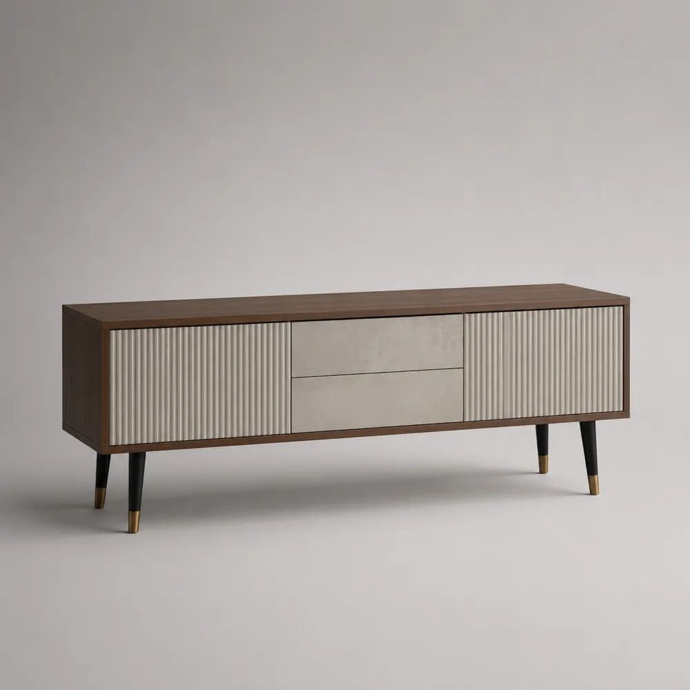 Mobile TV rettangolare in MDF impiallacciato noce con 2 ante scanalate e 2 cassetti beige, 160 × 40 × 70 cm