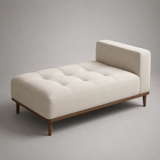 Chaise longue imbottita in poliestere con base in legno, avorio e marrone noce, 140 x 80 x 78 cm