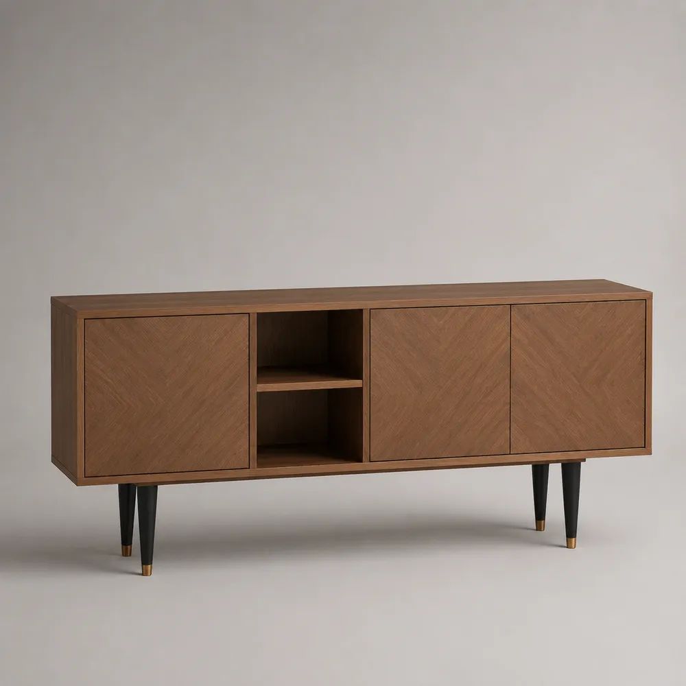 Mobile TV basso rettangolare a 3 ante in legno e MDF effetto noce, marrone noce/nero/ottone, 160 x 40 x 75 cm