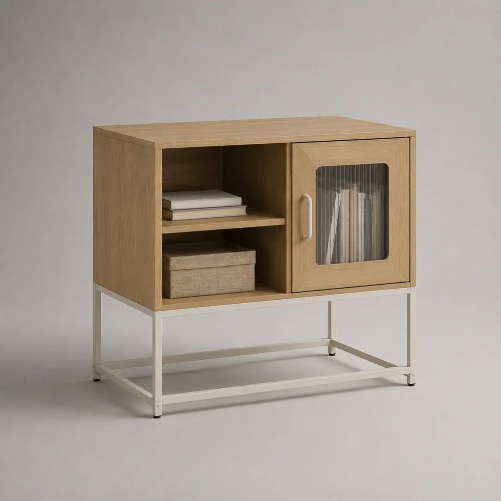 Mobile porta TV in legno, vetro e acciaio, rovere naturale e bianco, 100 x 40 x 90 cm
