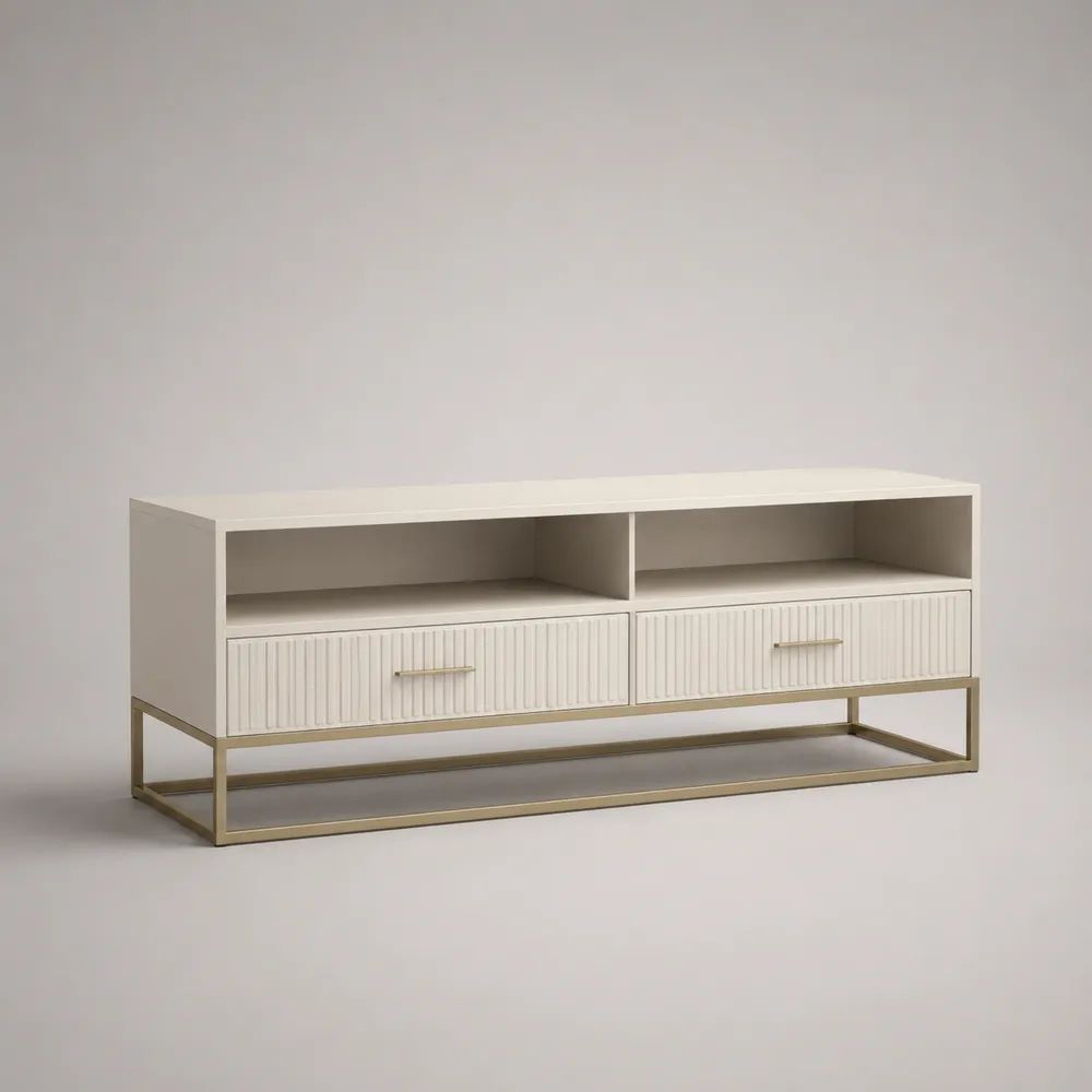 Mobile TV in legno e metallo crema e oro con 2 cassetti e 2 vani aperti, 150 x 40 x 60 cm