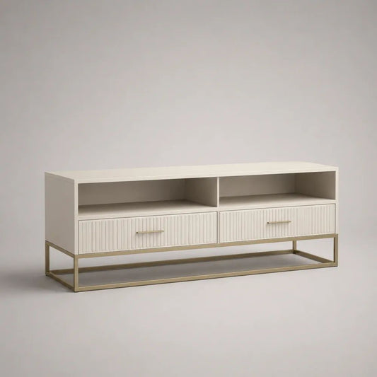 Mobile TV in legno e metallo crema e oro con 2 cassetti e 2 vani aperti, 150 x 40 x 60 cm