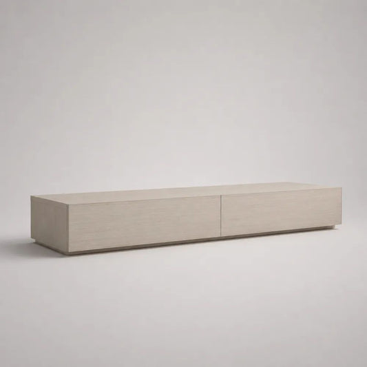Mobile TV basso rettangolare in legno con 2 vani chiusi, rovere sbiancato e beige, 180 × 40 × 38 cm