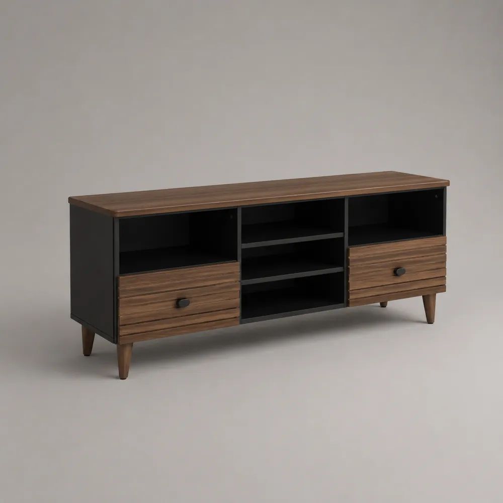 Mobile porta TV rettangolare in legno marrone effetto noce e nero con 2 cassetti e 5 vani, 140 x 40 x 65 cm