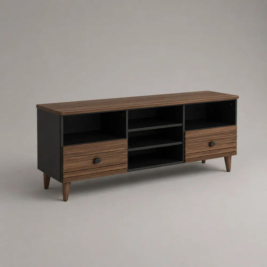 Mobile porta TV rettangolare in legno marrone effetto noce e nero con 2 cassetti e 5 vani, 140 x 40 x 65 cm