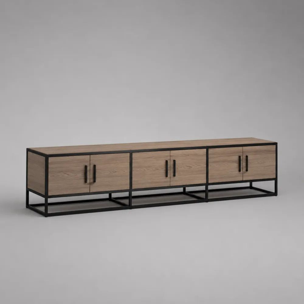 Mobile TV basso rettangolare in MDF e acciaio, Rovere naturale/Nero, 6 ante, 240 x 40 x 60 cm