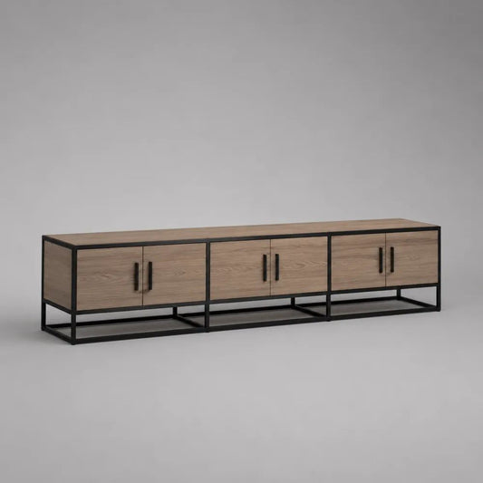 Mobile TV basso rettangolare in MDF e acciaio, Rovere naturale/Nero, 6 ante, 240 x 40 x 60 cm