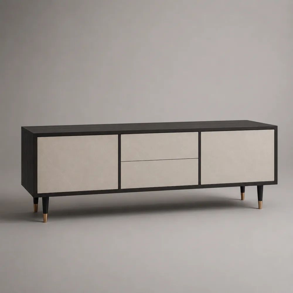 Mobile porta TV rettangolare in MDF con 2 ante e 2 cassetti, nero, beige e oro, 160 × 40 × 65 cm