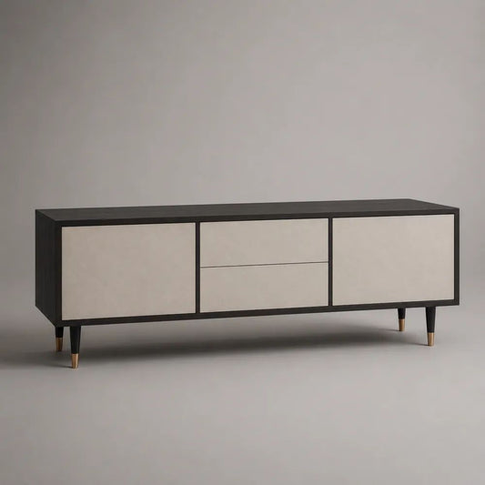 Mobile porta TV rettangolare in MDF con 2 ante e 2 cassetti, nero, beige e oro, 160 × 40 × 65 cm