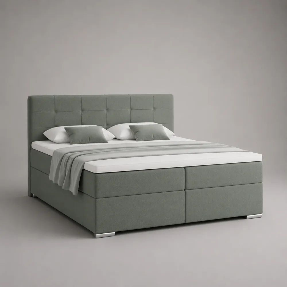 Letto matrimoniale imbottito grigio con rete e materasso, superficie di riposo 180 × 200 cm
