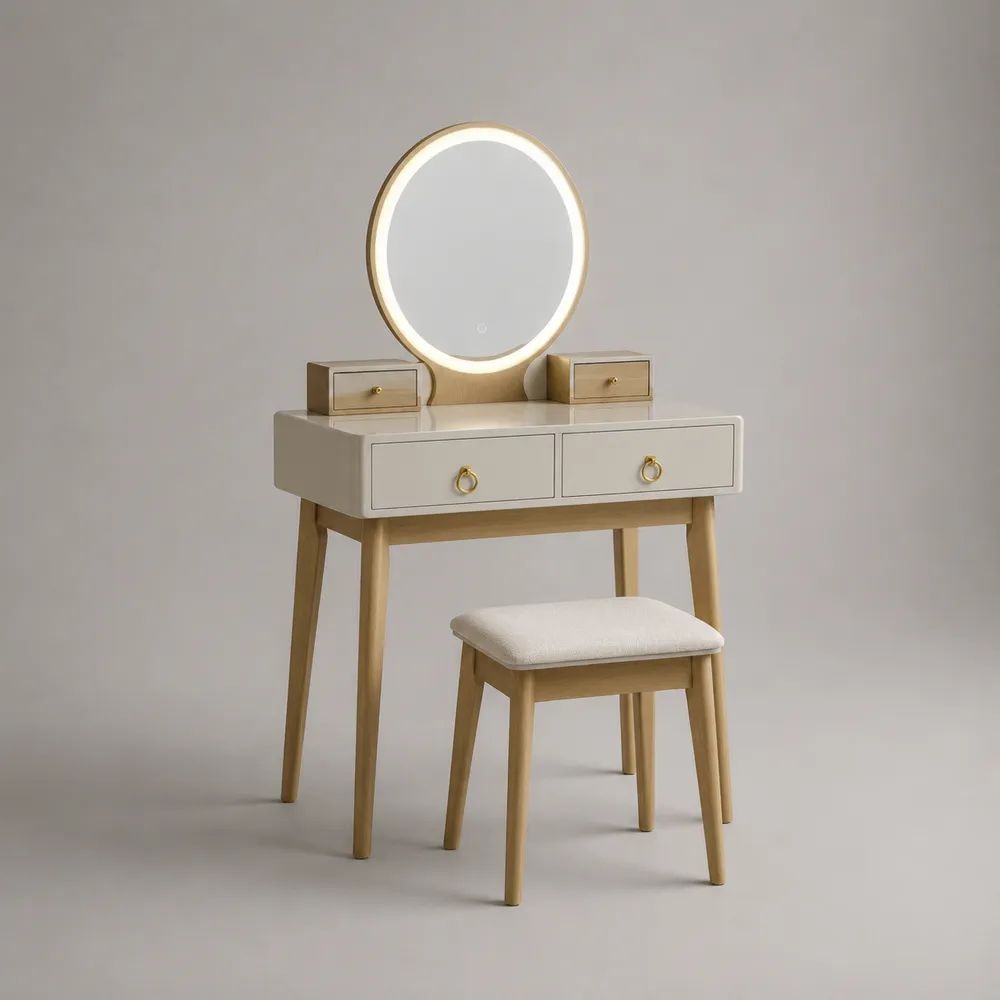 Set toeletta trucco con specchio rotondo LED, 4 cassetti e sgabello, MDF e legno, avorio/naturale/oro, 100 x 40 x 140 cm