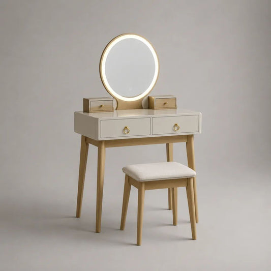 Set toeletta trucco con specchio rotondo LED, 4 cassetti e sgabello, MDF e legno, avorio/naturale/oro, 100 x 40 x 140 cm
