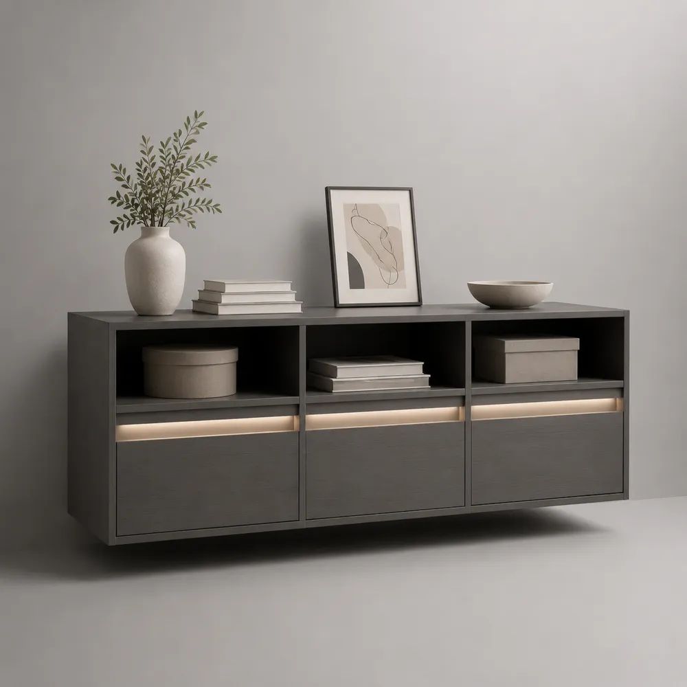 Credenza mobile TV rettangolare in pannello truciolare melaminico grigio antracite con illuminazione LED, 180 x 40 x 80 cm
