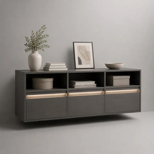 Credenza mobile TV rettangolare in pannello truciolare melaminico grigio antracite con illuminazione LED, 180 x 40 x 80 cm