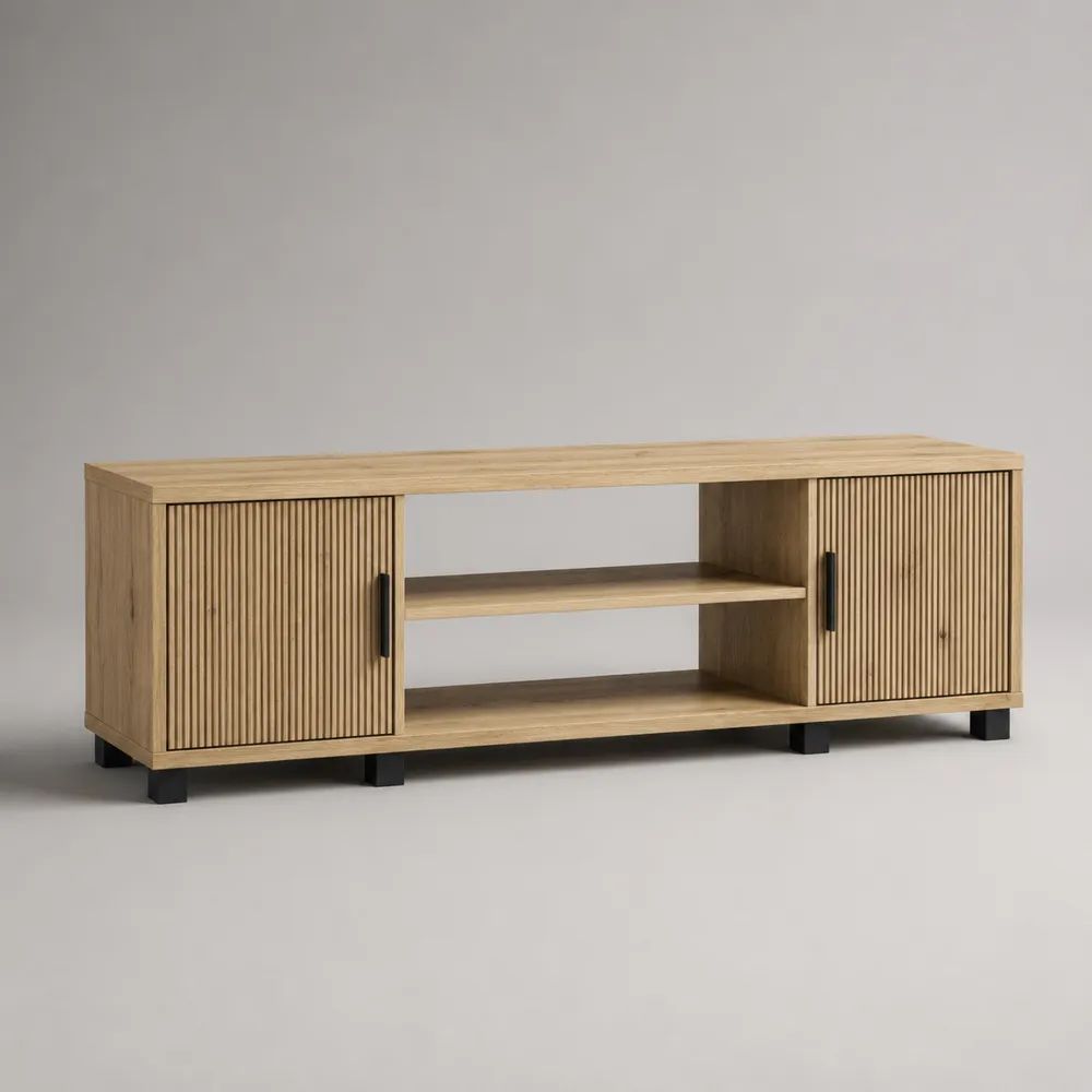Mobile TV basso 140 x 40 x 55 cm in pannello truciolare effetto rovere marrone chiaro con 2 ante scanalate e dettagli neri