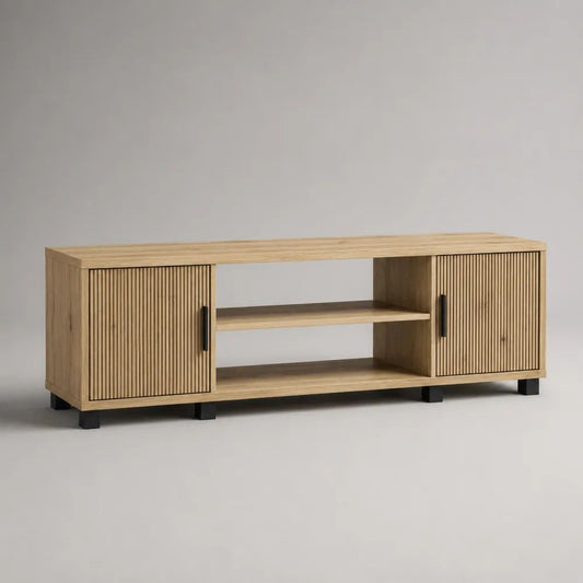 Mobile TV basso 140 x 40 x 55 cm in pannello truciolare effetto rovere marrone chiaro con 2 ante scanalate e dettagli neri