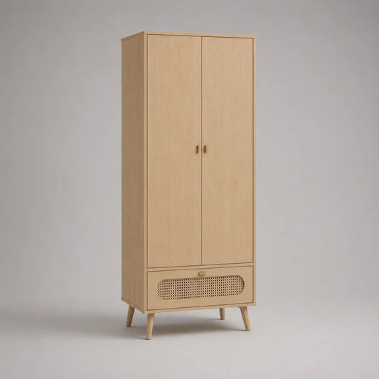 Armadio guardaroba in legno a 2 ante con cassetto e inserto in rattan, Rovere chiaro e Beige naturale, 80 × 50 × 180 cm