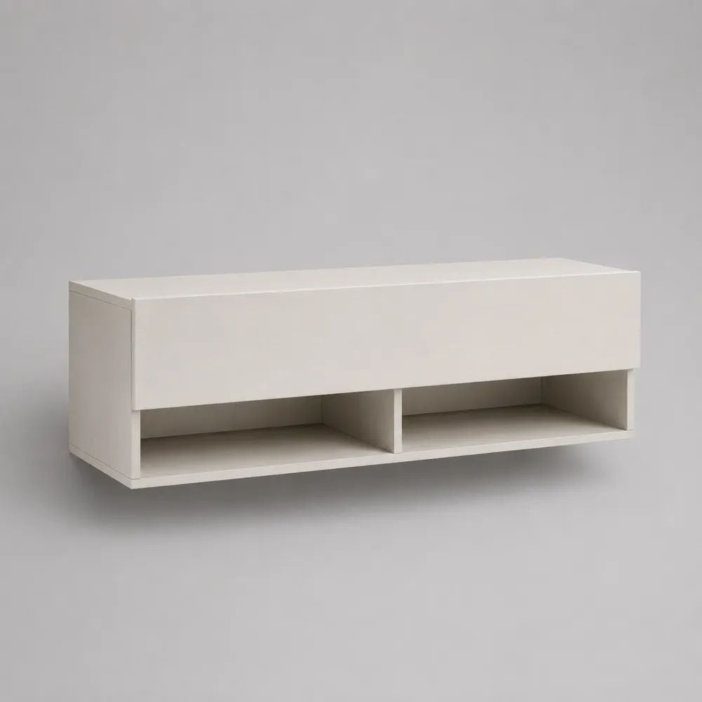 Mobile TV sospeso in MDF bianco opaco 120 x 30 x 40 cm con anta a ribalta e 2 vani aperti