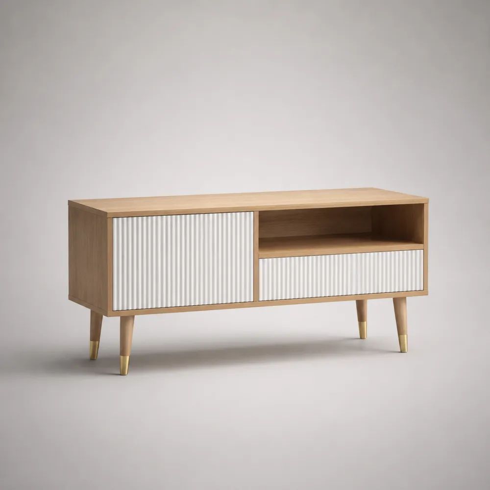 Mobile porta TV rettangolare in MDF effetto rovere naturale e bianco con anta, cassetto e vano aperto, 120 × 40 × 65 cm