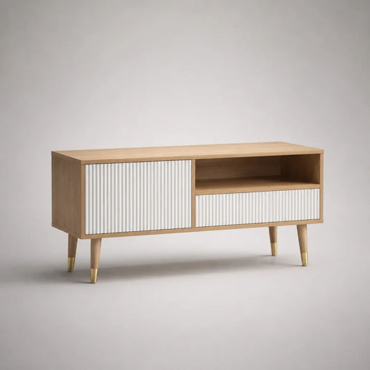 Mobile porta TV rettangolare in MDF effetto rovere naturale e bianco con anta, cassetto e vano aperto, 120 × 40 × 65 cm
