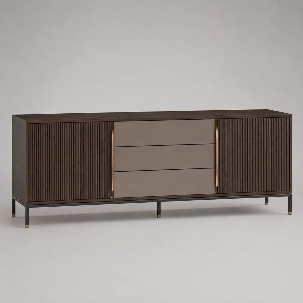 Credenza porta TV rettangolare in MDF impiallacciato noce con 2 ante e 3 cassetti, marrone scuro, tortora, nero e ottone, 180 x 40 x 75 cm