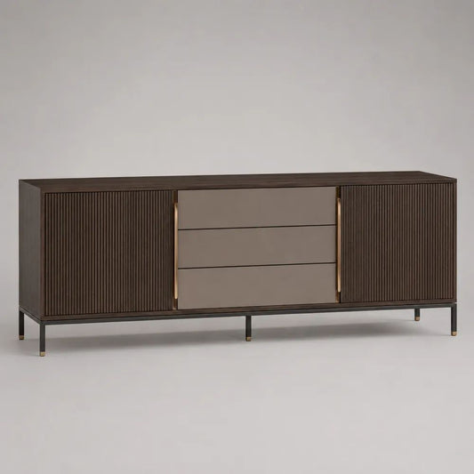 Credenza porta TV rettangolare in MDF impiallacciato noce con 2 ante e 3 cassetti, marrone scuro, tortora, nero e ottone, 180 x 40 x 75 cm
