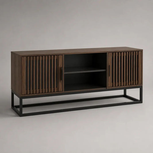 Mobile TV rettangolare in MDF e acciaio con 2 ante a listelli e vano aperto, marrone noce/nero, 160 x 40 x 75 cm