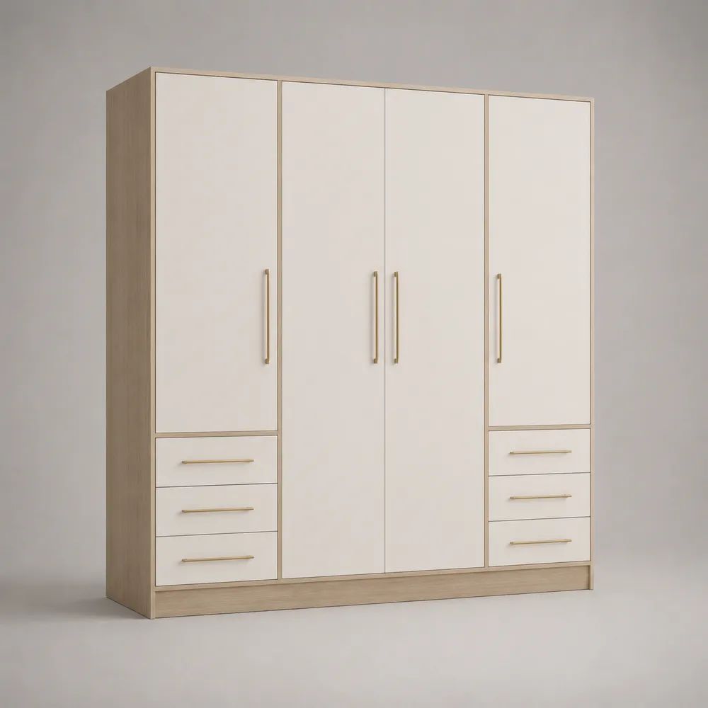 Armadio guardaroba in legno a 4 ante e 6 cassetti, bianco opaco e rovere chiaro, 200 × 52 × 210 cm