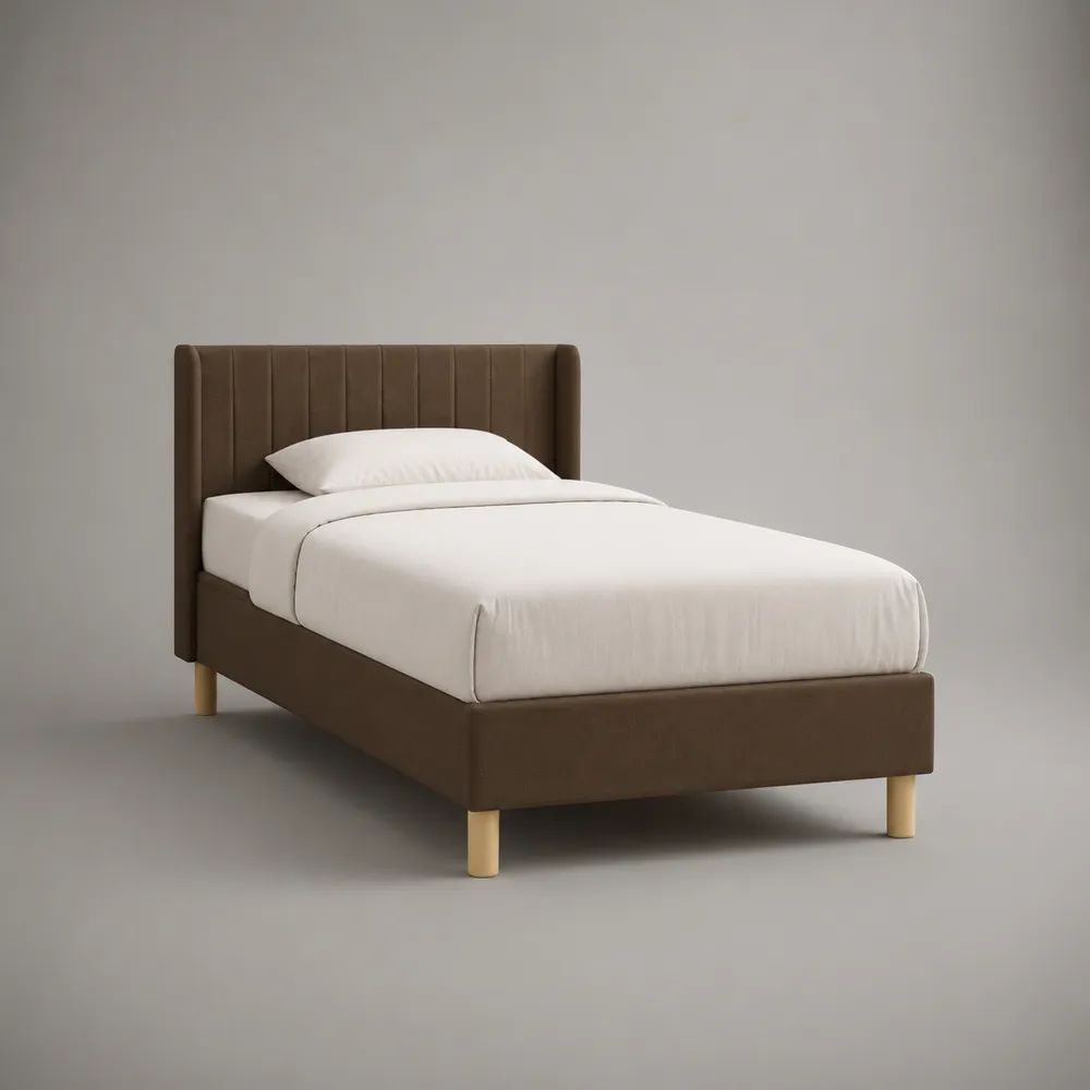 Letto singolo imbottito rettangolare in poliestere marrone con rete a doghe, 104 x 216 x 110 cm, per materasso 90 x 200 cm