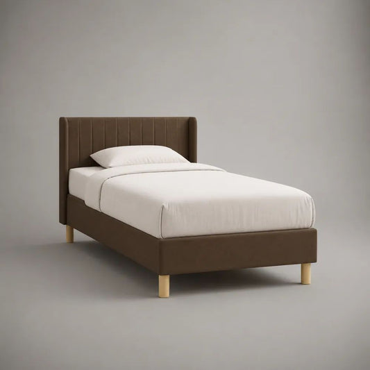 Letto singolo imbottito rettangolare in poliestere marrone con rete a doghe, 104 x 216 x 110 cm, per materasso 90 x 200 cm