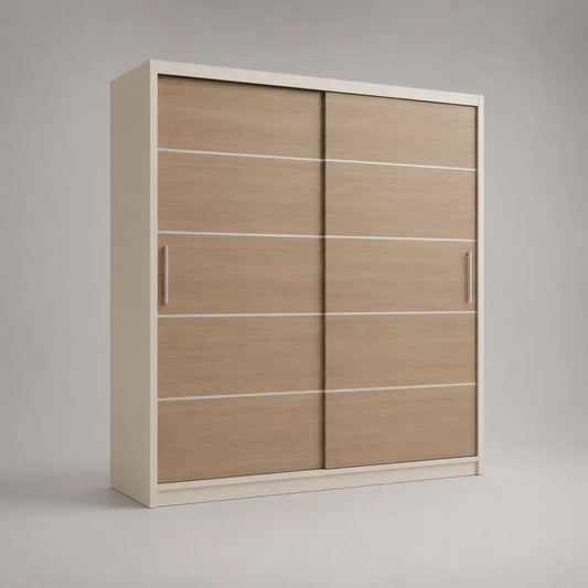 Armadio guardaroba a 2 ante scorrevoli in legno bianco e rovere chiaro, 180 x 60 x 210 cm