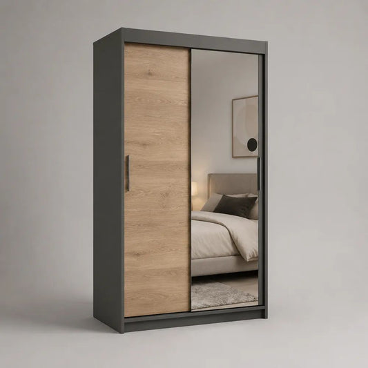 Armadio in legno antracite e rovere naturale con 2 ante scorrevoli e specchio, 120 × 60 × 200 cm