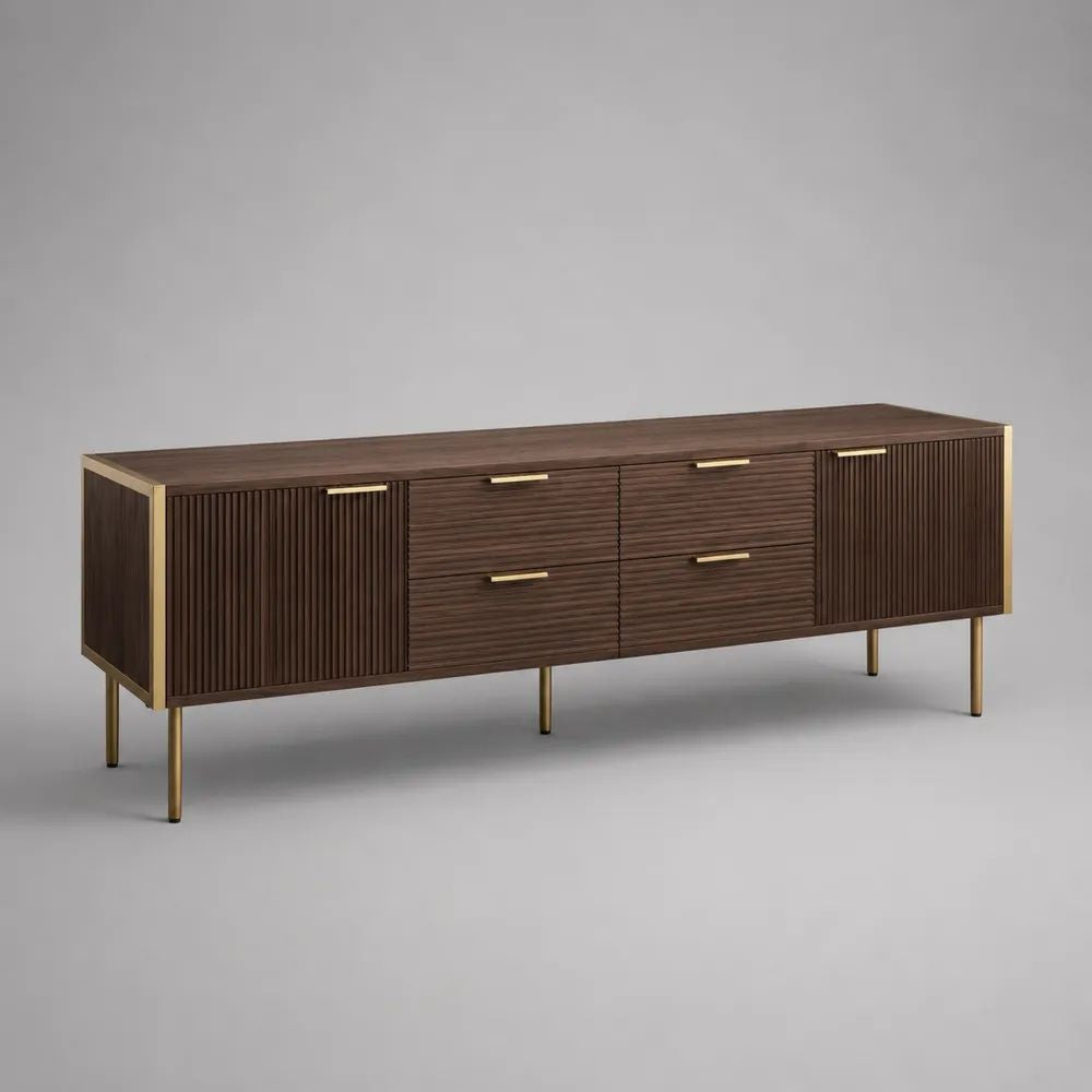 Mobile porta TV in legno e metallo marrone noce e ottone, con 4 cassetti e 2 ante, 180 × 40 × 70 cm