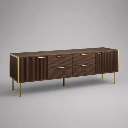 Mobile porta TV in legno e metallo marrone noce e ottone, con 4 cassetti e 2 ante, 180 × 40 × 70 cm