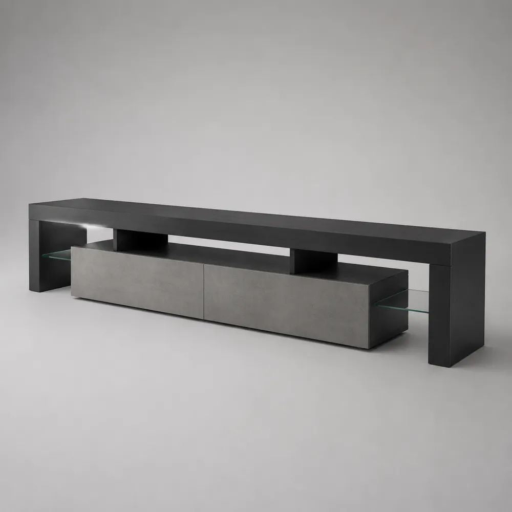 Mobile TV rettangolare in MDF e vetro grigio cemento e antracite, 240 × 40 × 65 cm