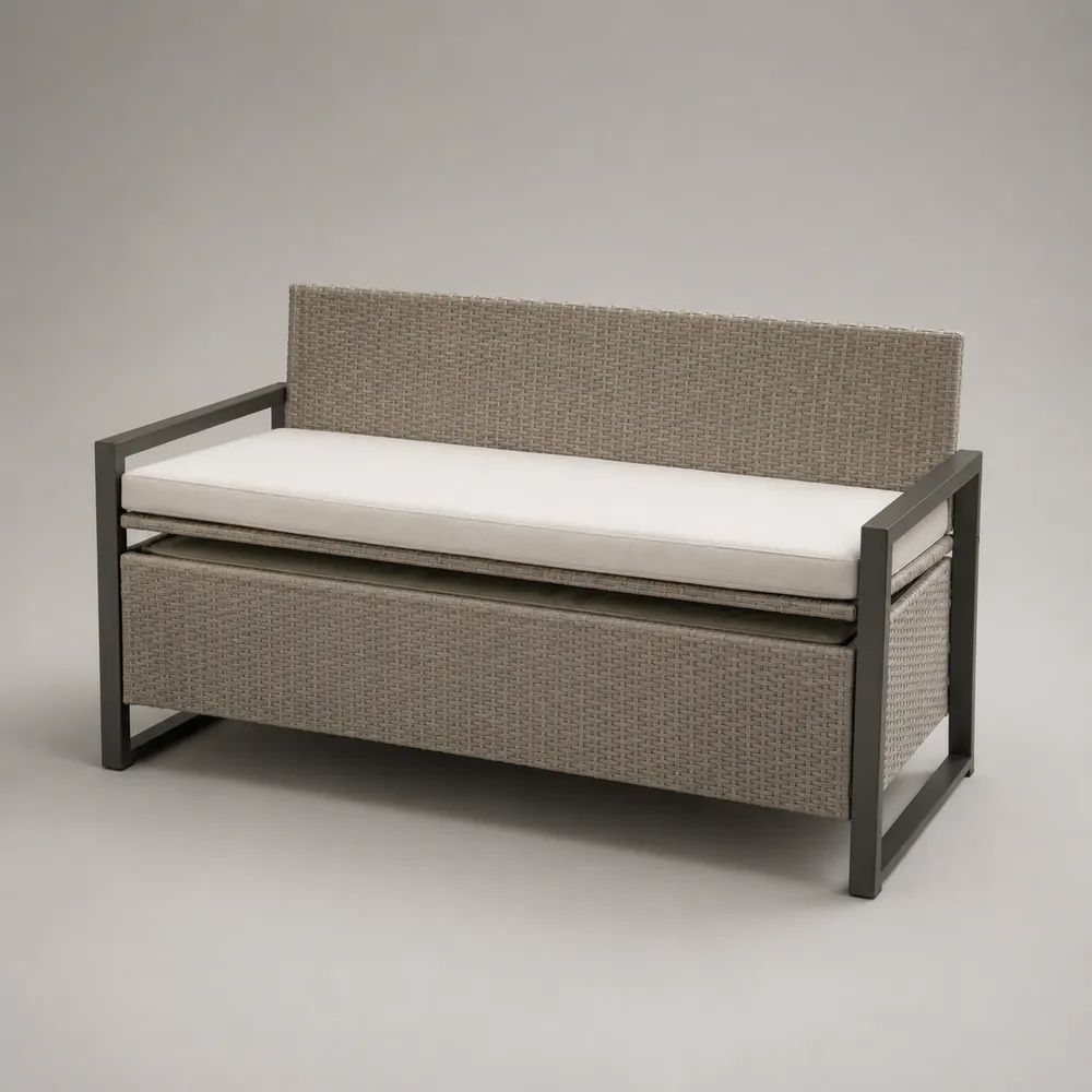 Panca contenitore da esterno a 2 posti in rattan PE e acciaio con cuscino, grigio talpa, antracite e bianco crema, 120 x 60 x 90 cm