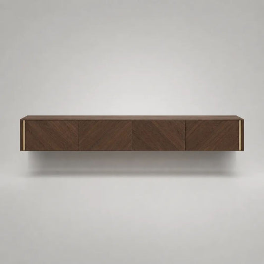 Mobile porta televisore sospeso rettangolare in MDF impiallacciato noce con 4 ante, marrone noce e oro, 200 × 40 × 40 cm