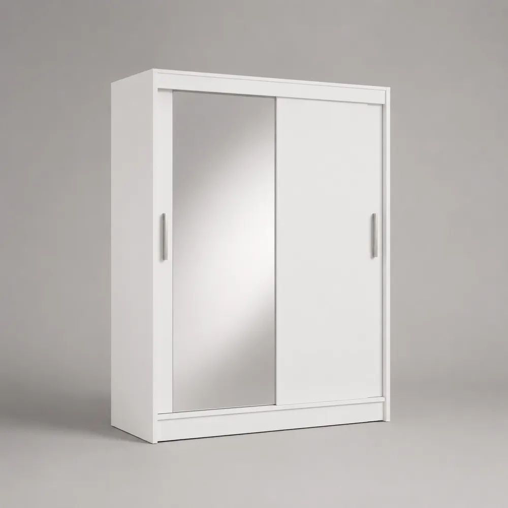Armadio guardaroba bianco e argento con 2 ante scorrevoli e specchio, 120 x 55 x 180 cm