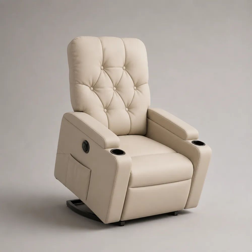 Poltrona reclinabile manuale in pelle sintetica beige e nera con poggiapiedi, 2 portabicchieri e tasca laterale, 92 x 95 x 107 cm