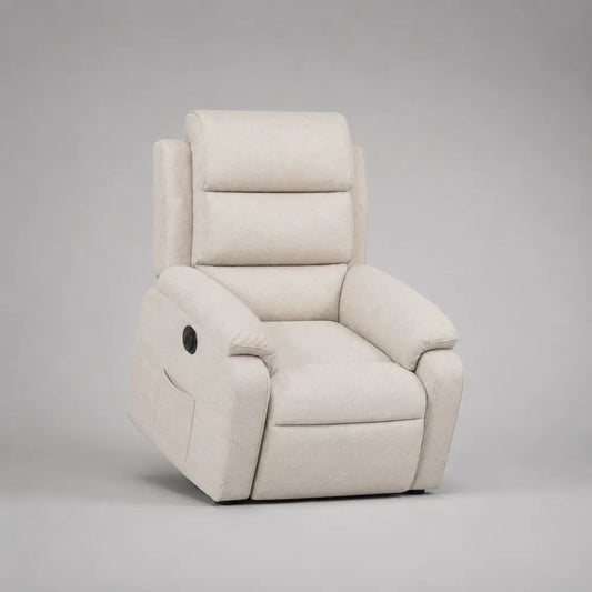 Poltrona reclinabile elettrica imbottita in tessuto beige con schienale alto, 88 x 94 x 105 cm