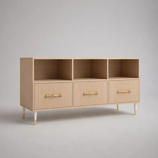 Mobile porta TV rettangolare in MDF effetto rovere beige con dettagli oro e avorio, 3 cassetti e 3 vani aperti, 150 x 40 x 80 cm